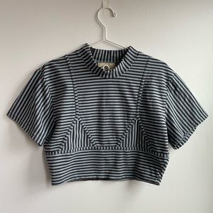 FASHION BRAND COMPANY blue/grey striped bikini seams mock neck tee